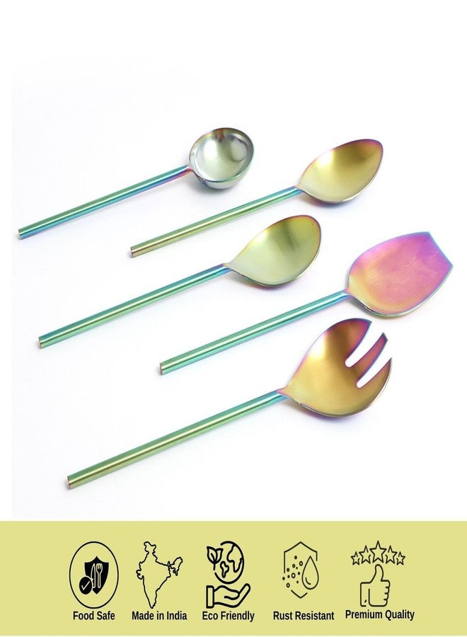 VarEesha ColorSplash Rainbow Stainless Steel Serving Spoons Set of Five | Elegant Lead Free Stainless Steel Server Set for Dinner| Serving Spoons for Dining Table| Cutlery for Gifting - Image 3